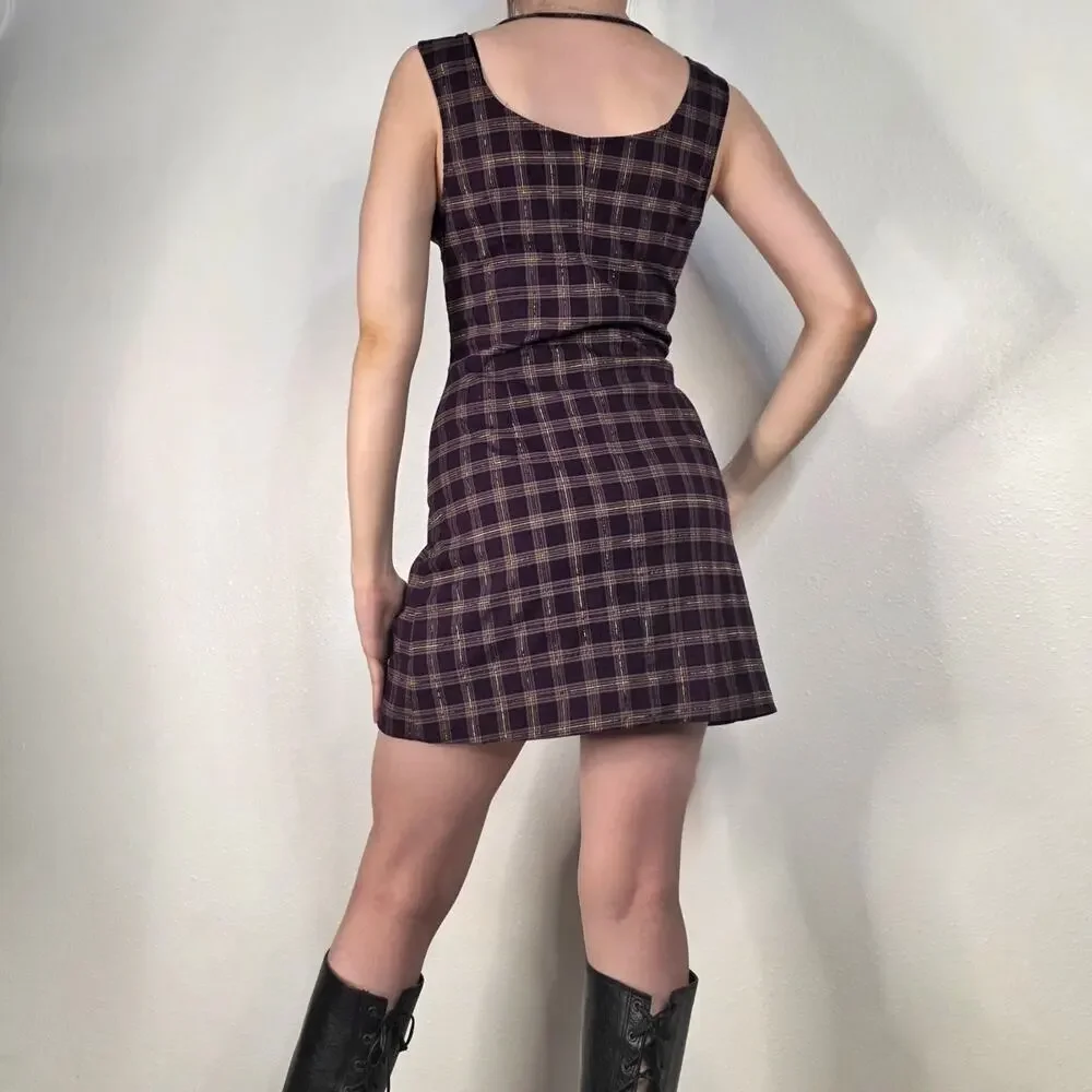 Vintage 90s Purple Plaid Mini Dress Dark Academia Grunge Size Large